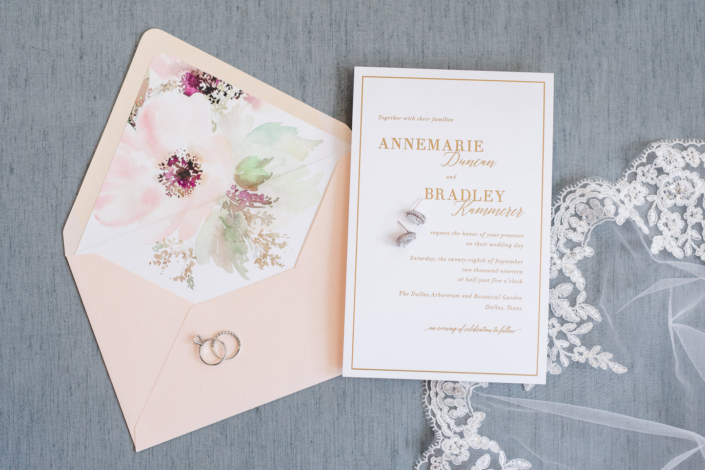 Gold Thermography Invitation with Watercolor Florals